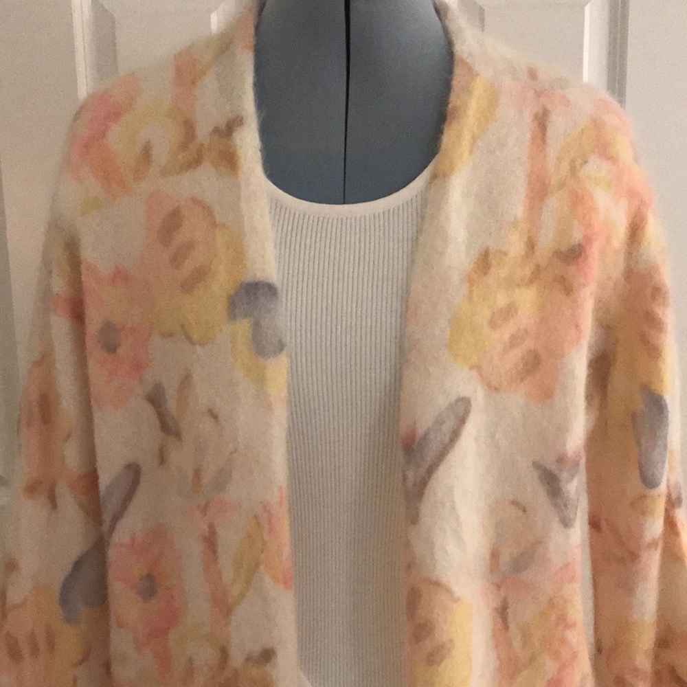 Bartolini Italy Mohair Alpaca Floral Cardigan Sweater Ivory Pink Yellow M